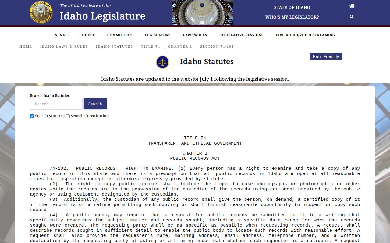 Idaho public records law page for Madison County booking record access