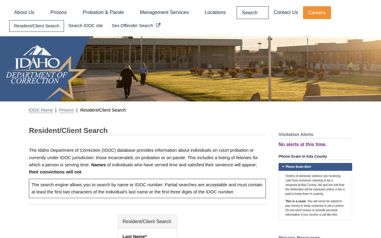Idaho Department of Correction resident and client search interface