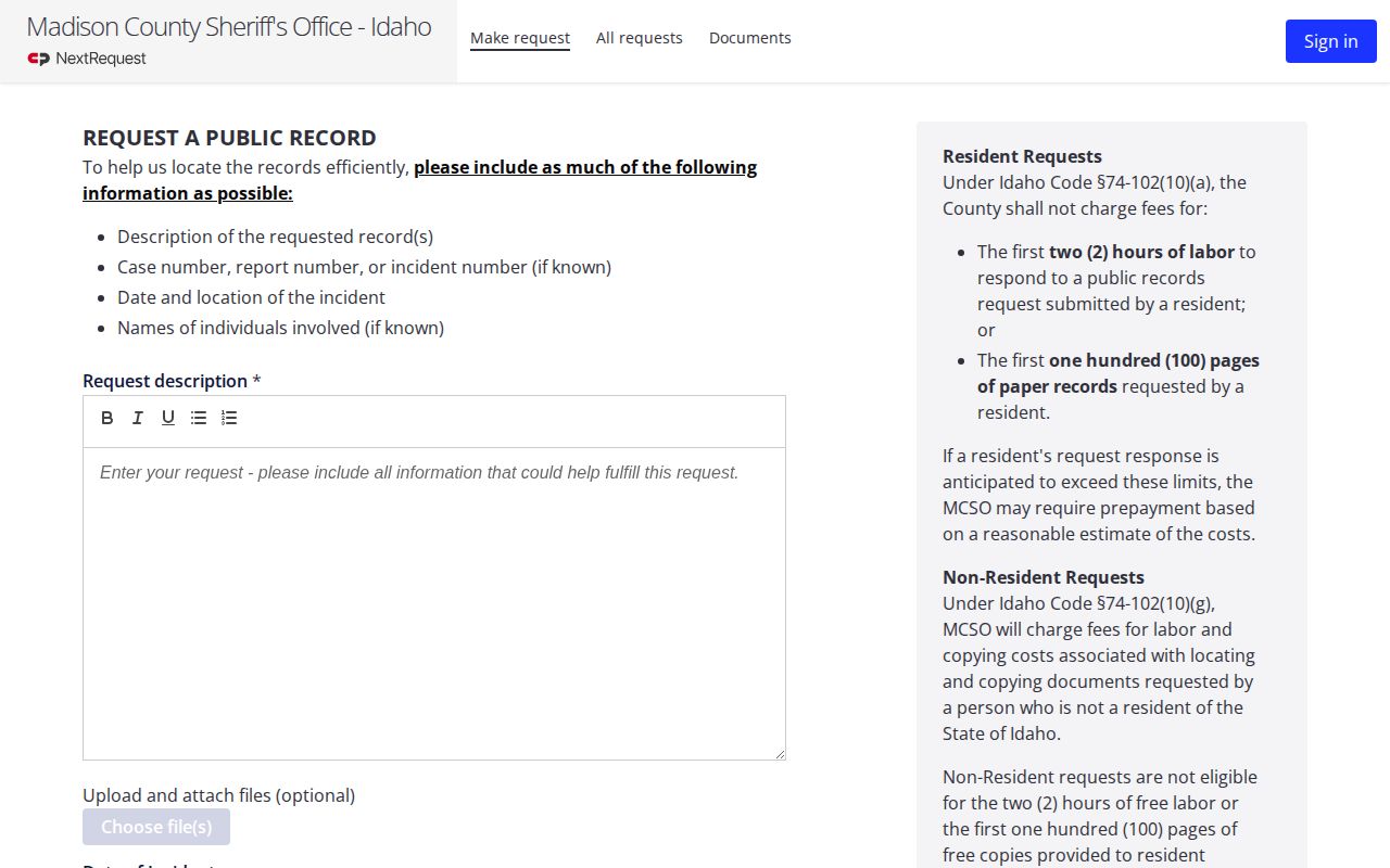 Madison County NextRequest public records form for booking records